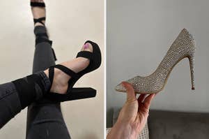 on left: reviewer wearing lace-up black heels, on right: reviewer holding sparkly heel