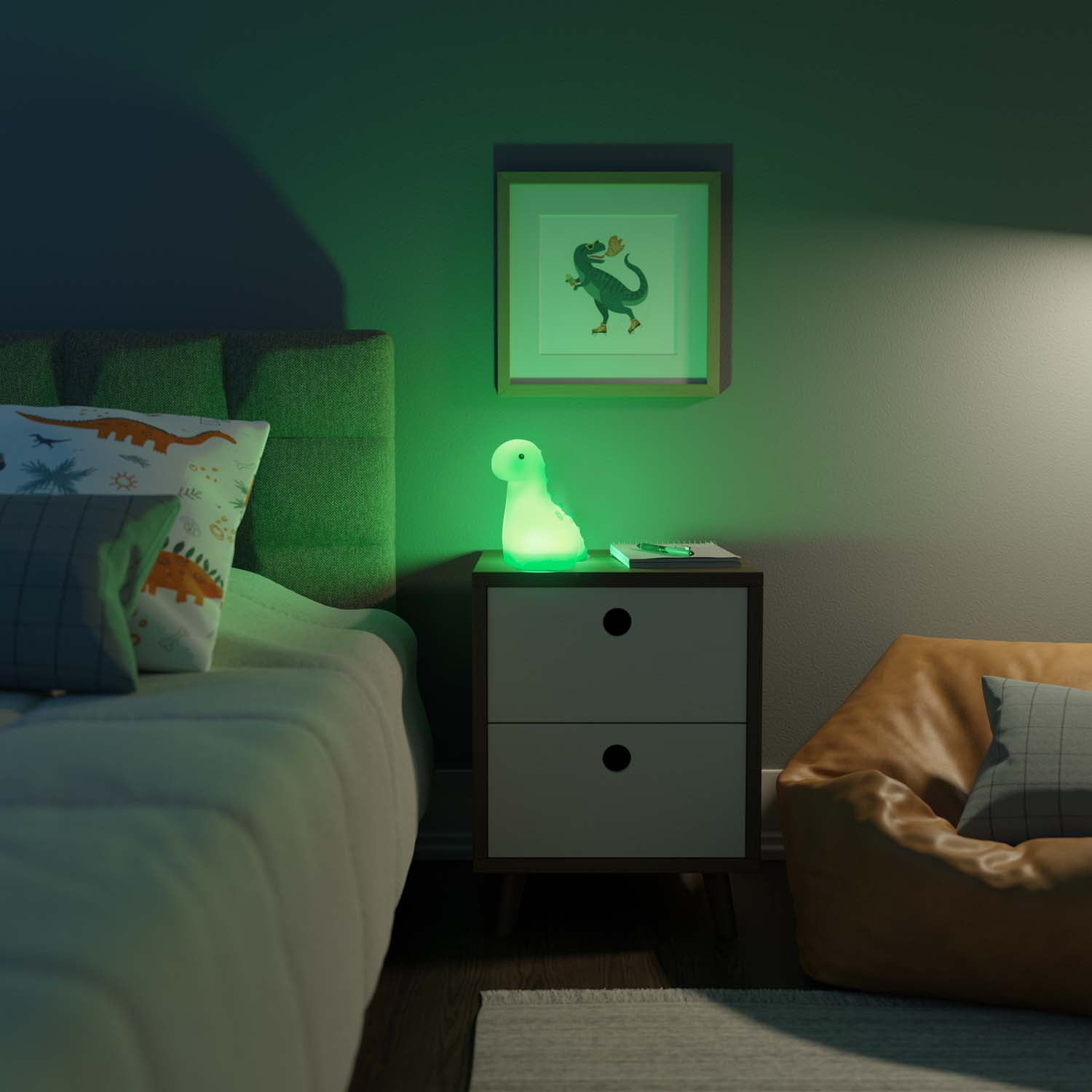 A nightlight shaped like a duck glows on a bedside table in a dimly lit child&#x27;s bedroom
