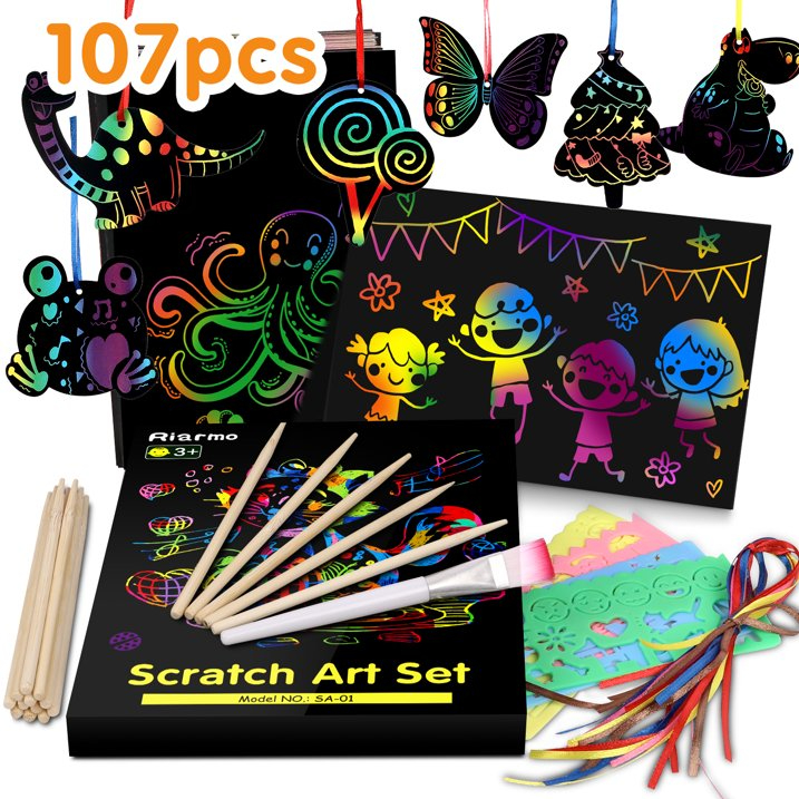 107-piece scratch art set with stencils, styluses, and colorful ribbon for creative projects