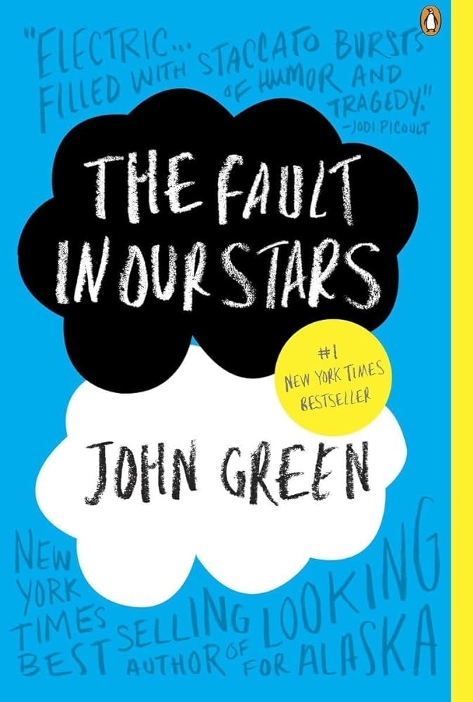 Book cover of &quot;The Fault in Our Stars&quot; by John Green, featuring a cloud and the silhouettes of a boy and a girl