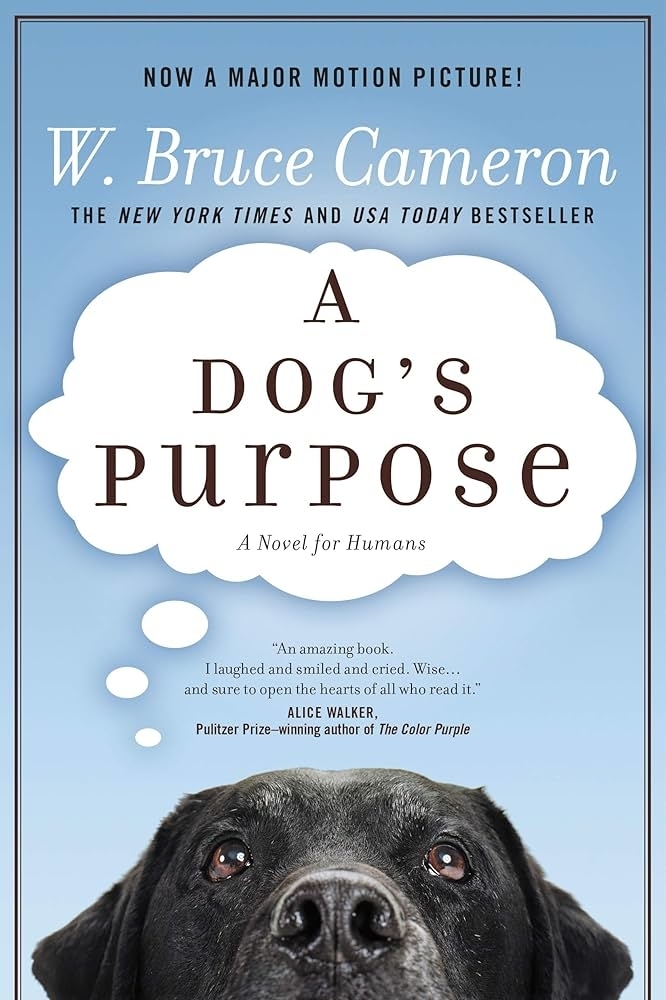 A book cover with the title &quot;A Dog&#x27;s Purpose&quot;, featuring an up-close photo of a dog&#x27;s face looking at the camera