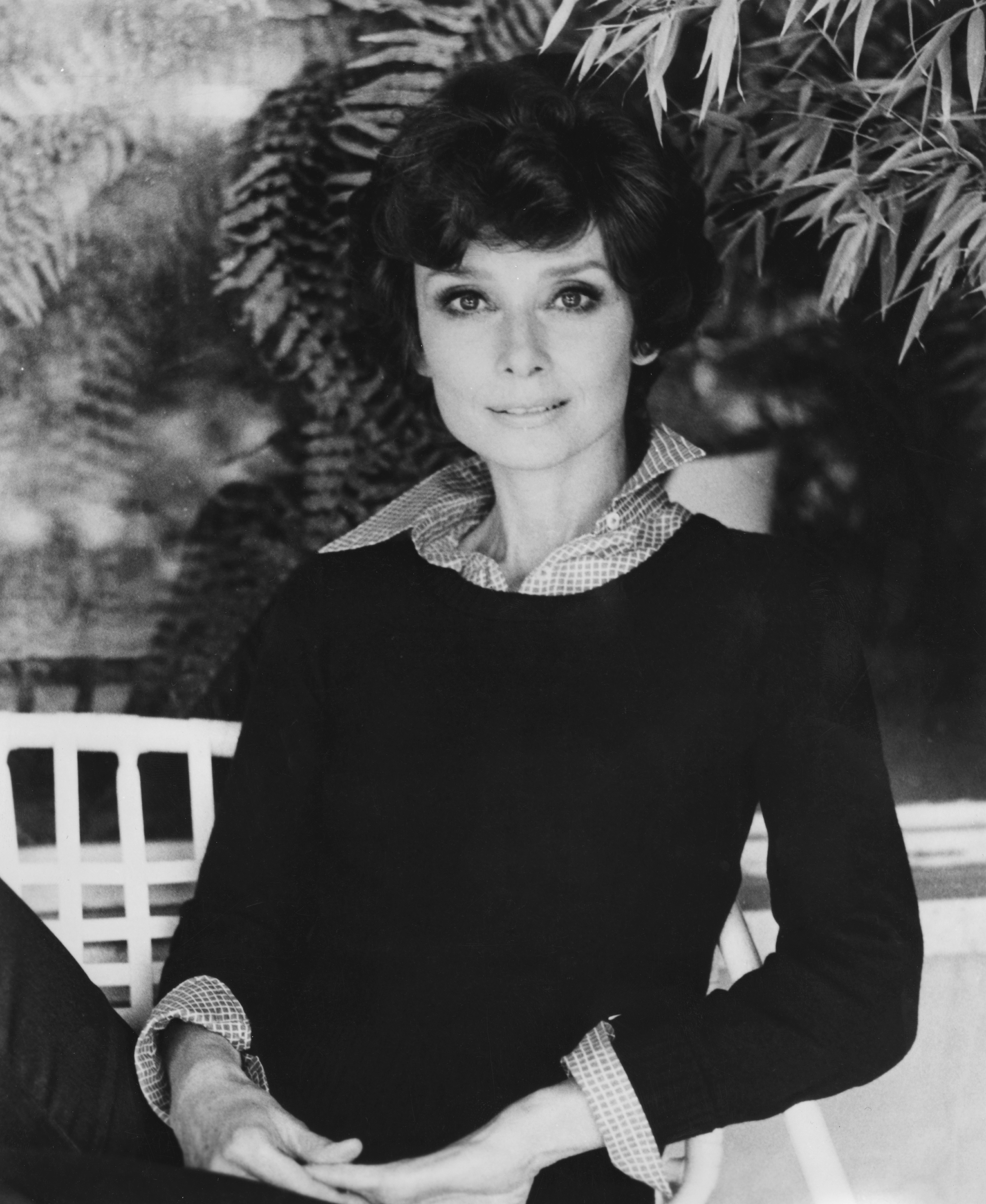 Audrey Hepburn poses with hands clasped, wearing a classic black top with checkered collar and cuffs