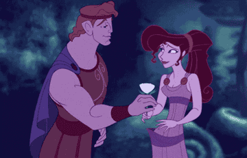 Hércules y Megara, personajes animados, en una escena romántica de la película de Disney