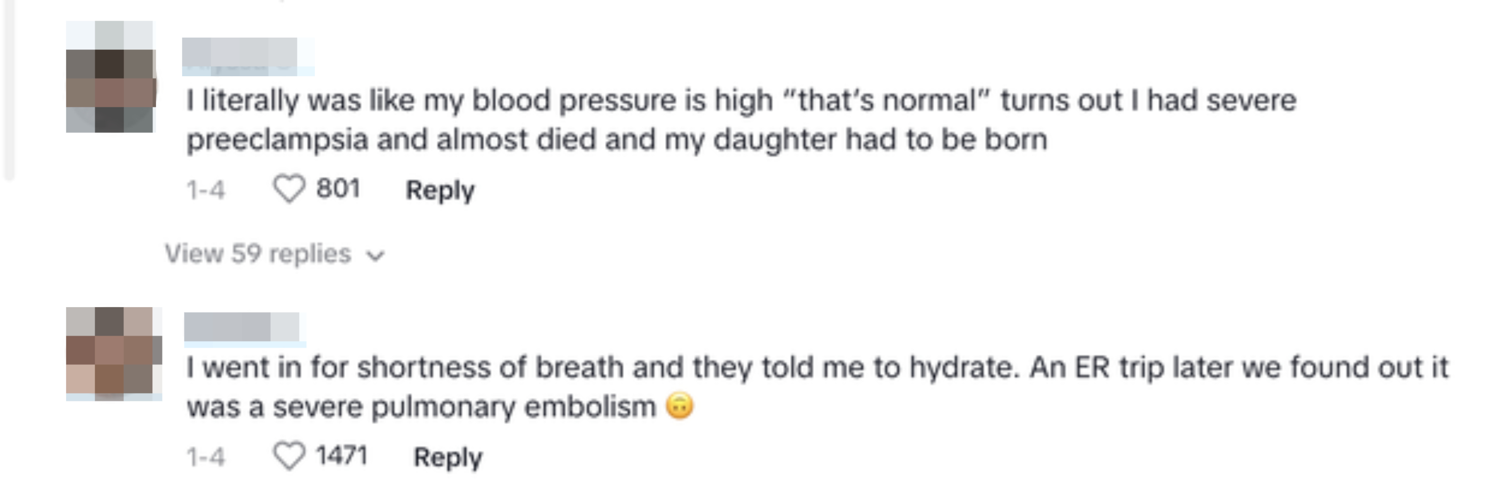 Two user comments sharing personal medical experiences, one with "normal" high blood pressure that turned out to be preeclampsia, and the other shortness of breath that turned out to be a severe pulmonary embolism