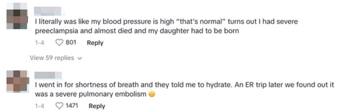 Two user comments sharing personal medical experiences, one with &quot;normal&quot; high blood pressure that turned out to be preeclampsia, and the other shortness of breath that turned out to be a severe pulmonary embolism