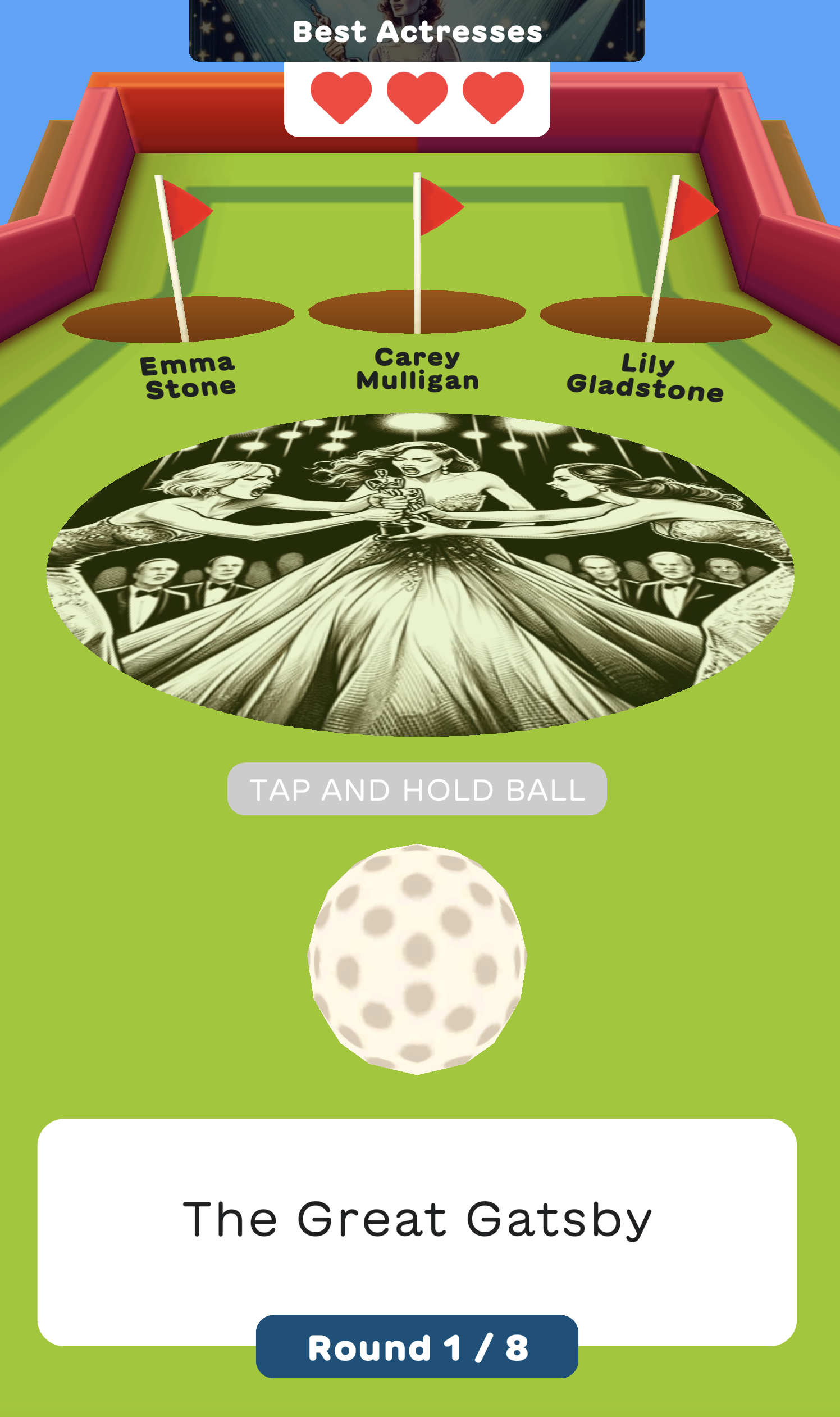 Mobile game screen with a pinball layout featuring &quot;The Great Gatsby,&quot; and options Emma Stone, Carey Mulligan, Lily Gladstone