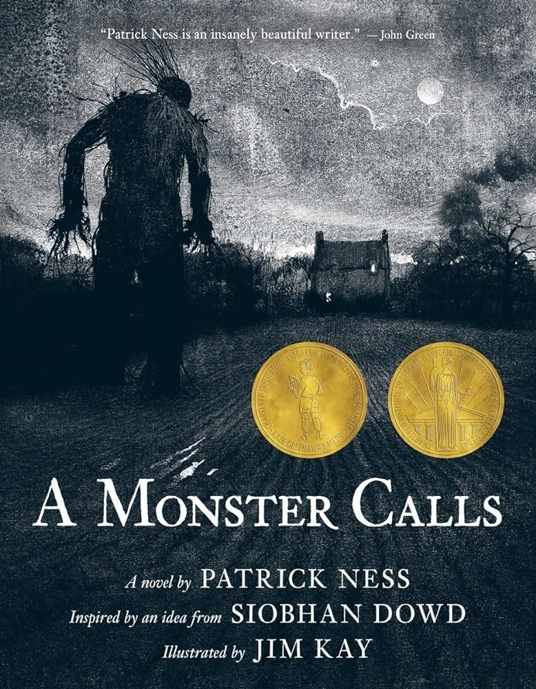 Book cover for &quot;A Monster Calls&quot; with an eerie figure, house, and two coins