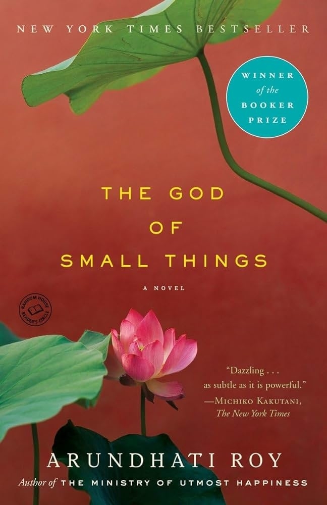 Cover of &quot;The God of Small Things&quot; by Arundhati Roy, featuring title and a lotus flower