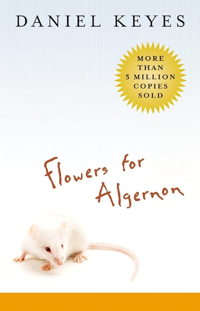 Cover of &quot;Flowers for Algernon&quot; by Daniel Keyes, featuring a white mouse in the center