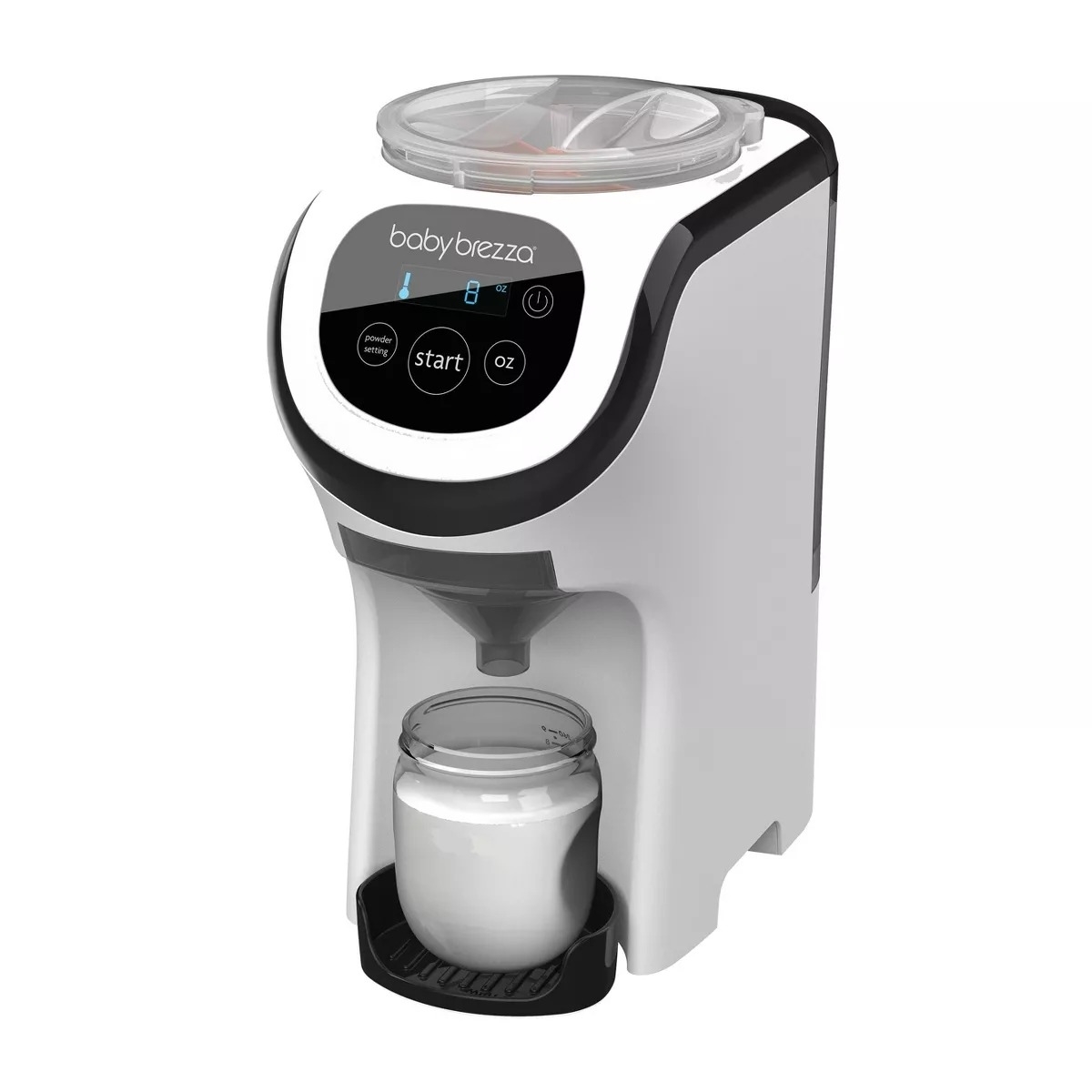 Baby Brezza Formula Pro Advanced dispenser machine with digital display and a bottle in place