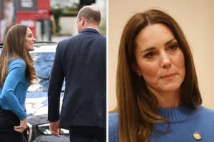 Kate Middleton smiles at Prince William while walking vs Kate Middleton looking serious