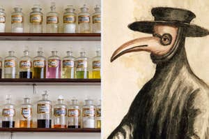 Two images side by side; left shows shelves with labeled apothecary bottles, right depicts a plague doctor illustration