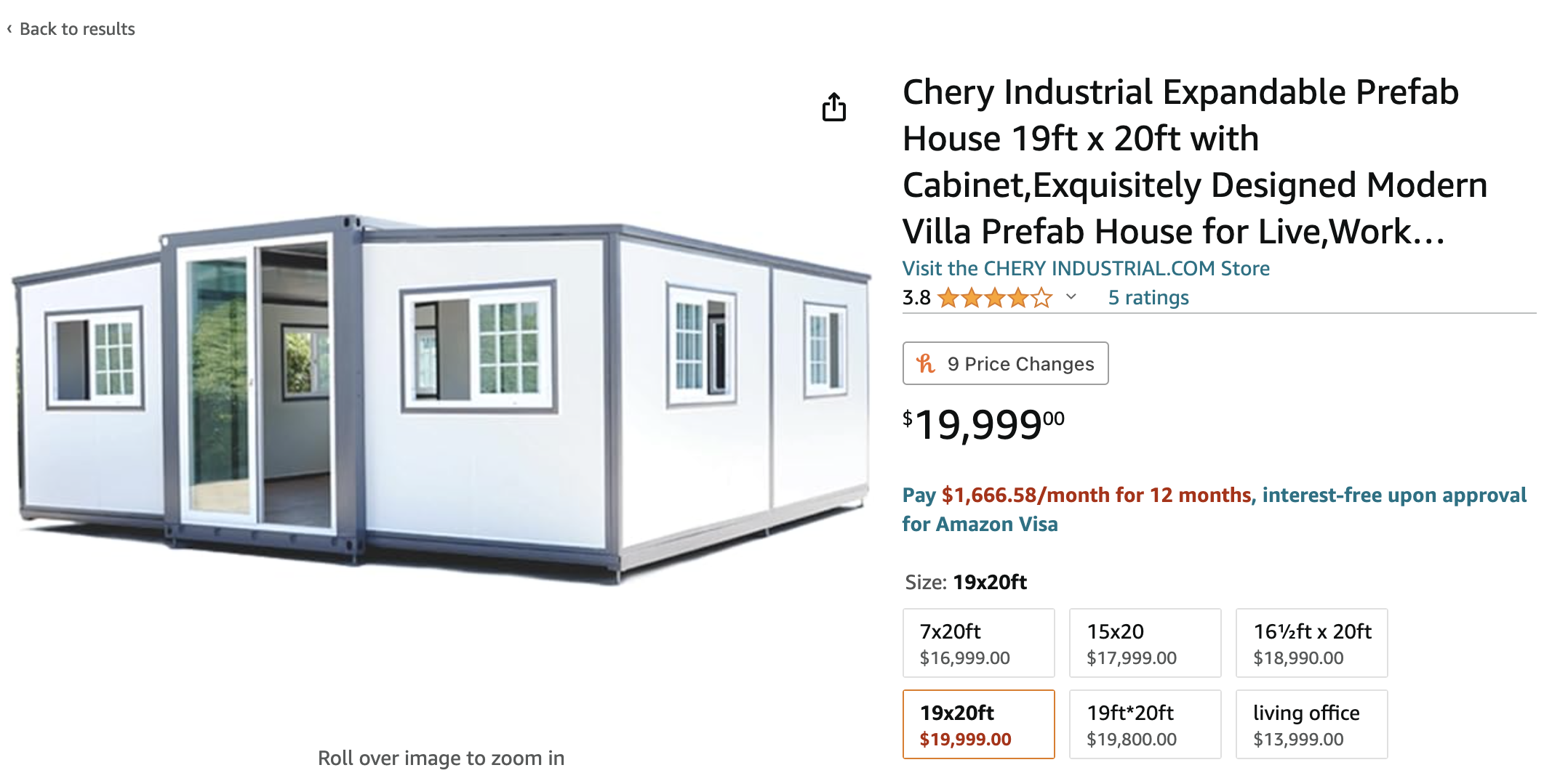 Prefab house advertised online, 19x20ft with pricing information, windows on three sides