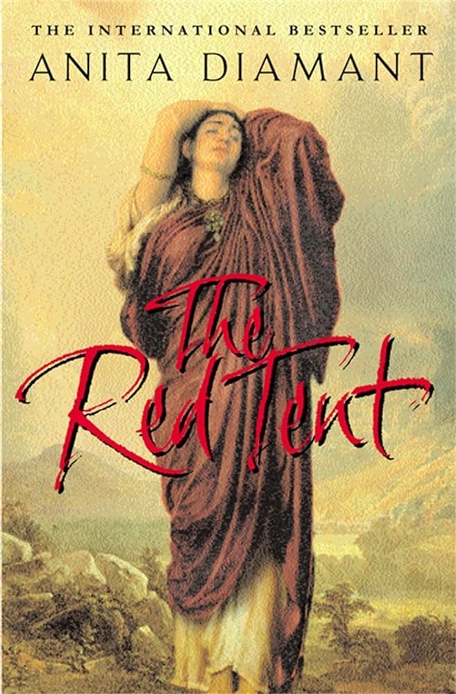 Book cover for &quot;The Red Tent&quot; by Anita Diamant, featuring an illustration of a person with eyes closed and head tilted back