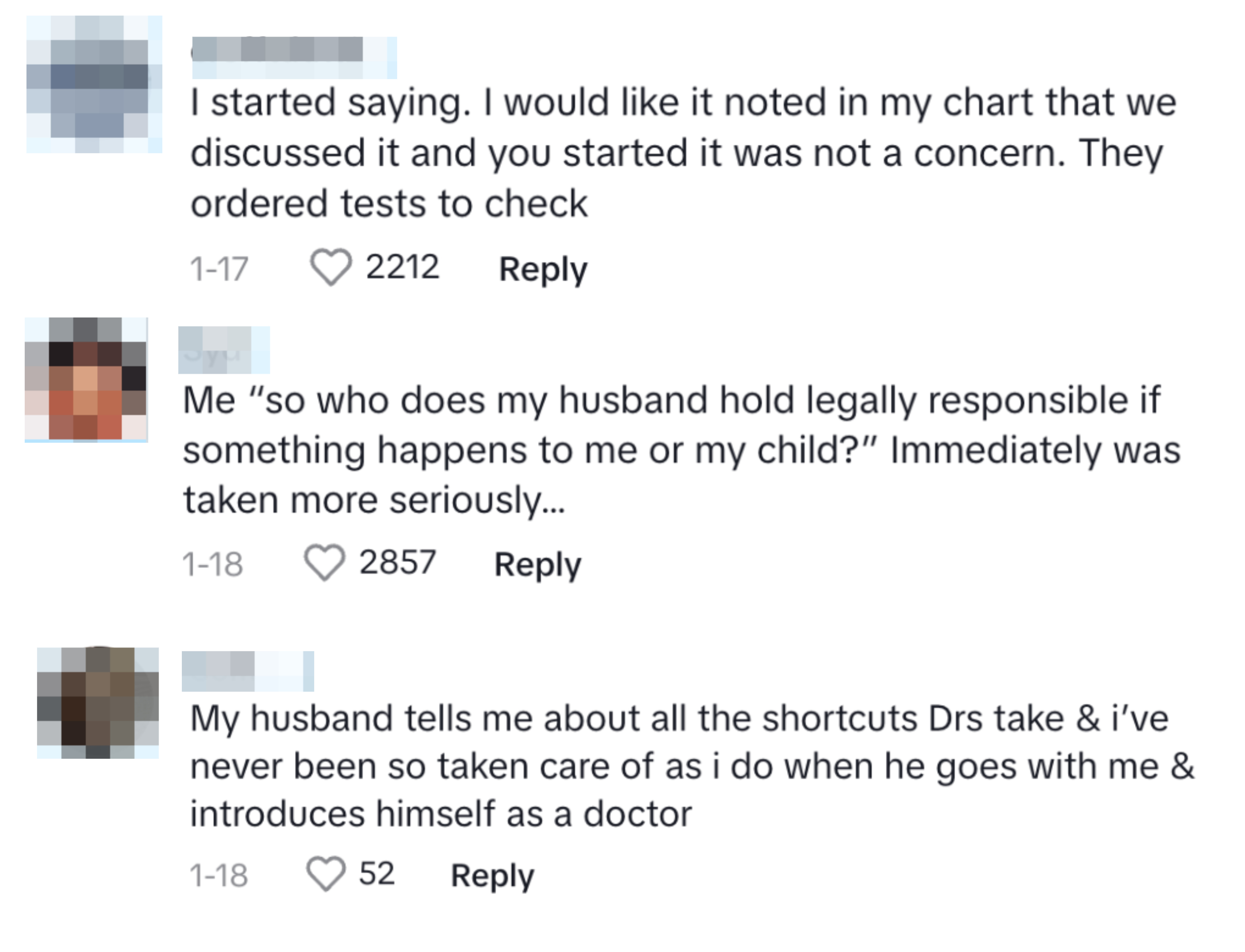 Three comments, including &quot;Me &#x27;so who does my husband hold legally responsible if something happens to me or my child?&#x27; Immediately was taken more seriously&quot;