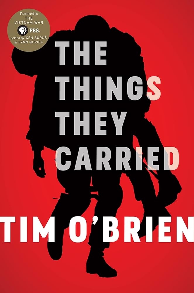 Book cover for &quot;The Things They Carried&quot; by Tim O&#x27;Brien with a silhouette of a soldier carrying gear. Featured in a Vietnam War series by PBS