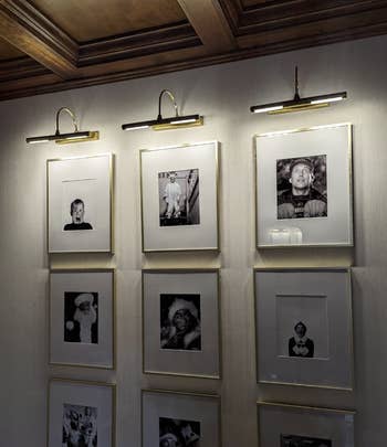 Eight framed photographs displayed on a wall, illuminated with gallery lights