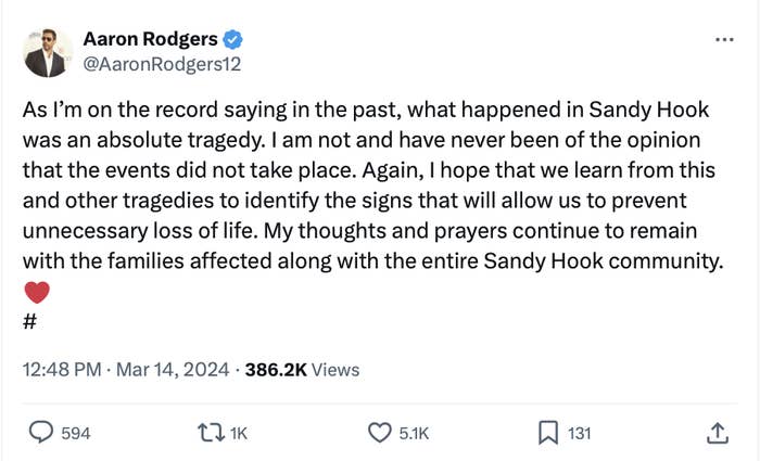 Tweet by Aaron Rodgers expressing regret over past remarks about Sandy Hook, offering condolences and support to the community