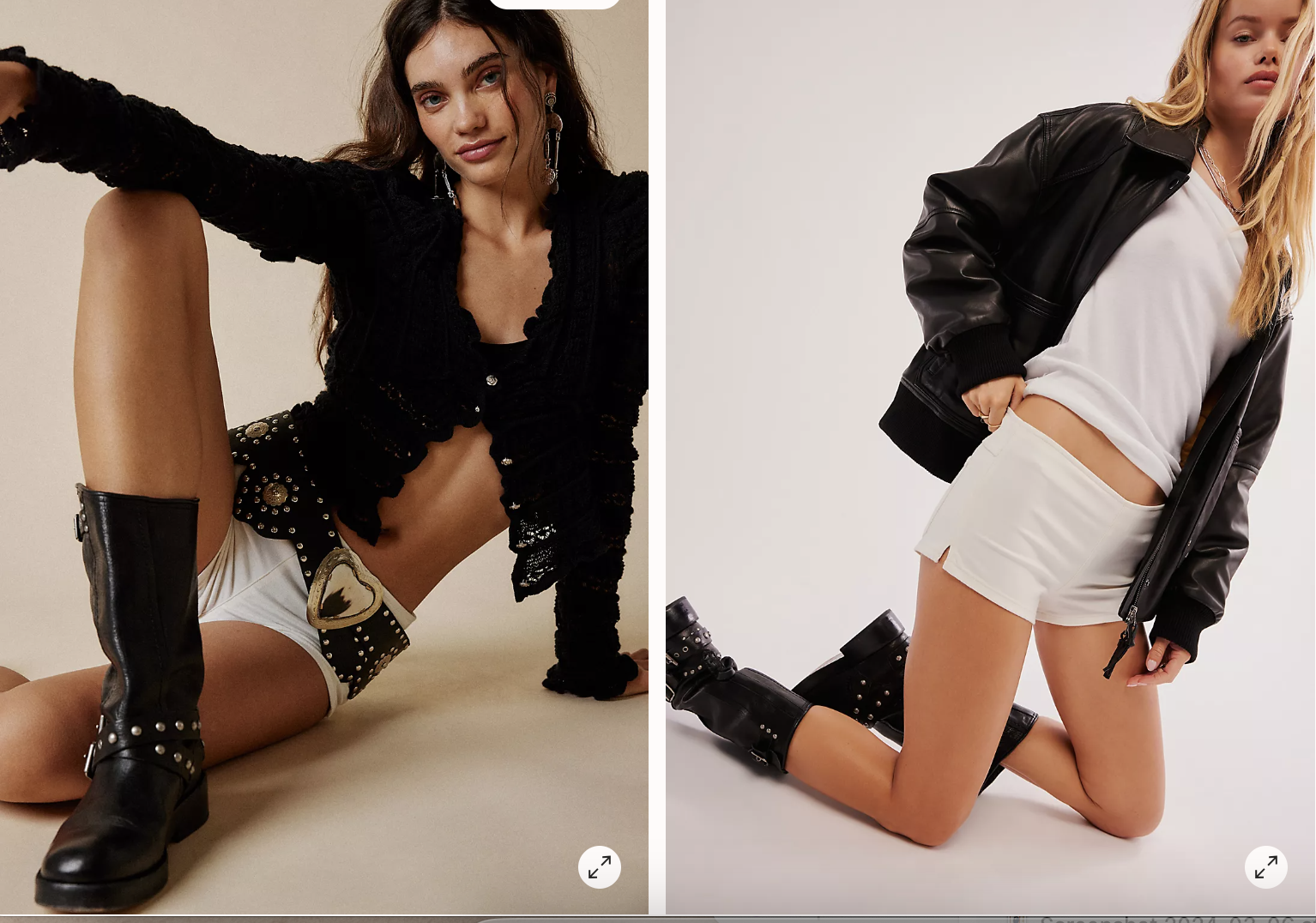 Two poses of a model in a lacy black top, boots, and a model in a white tee with a leather jacket