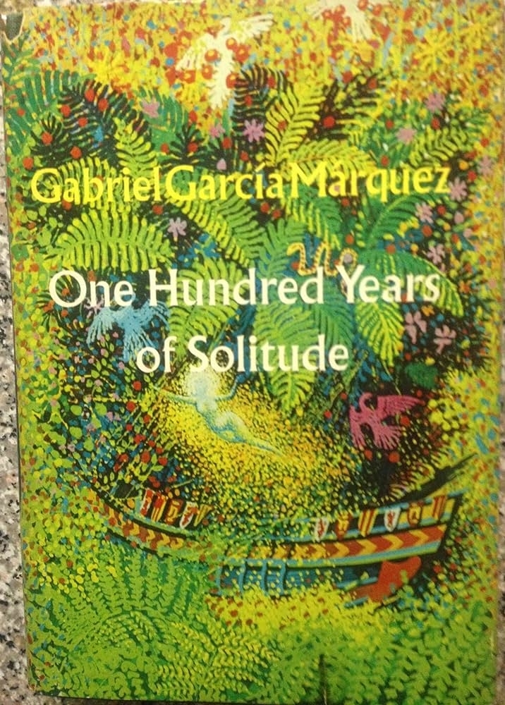 Cover of &quot;One Hundred Years of Solitude&quot; by Gabriel García Márquez with vivid, intricate jungle illustration