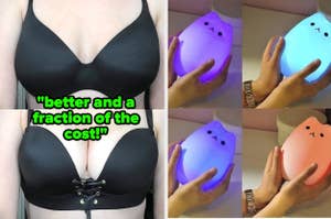 Photo collage comparing a black lace-up bra with soft whale-shaped stress toys, highlighting an alternative for comfort shopping