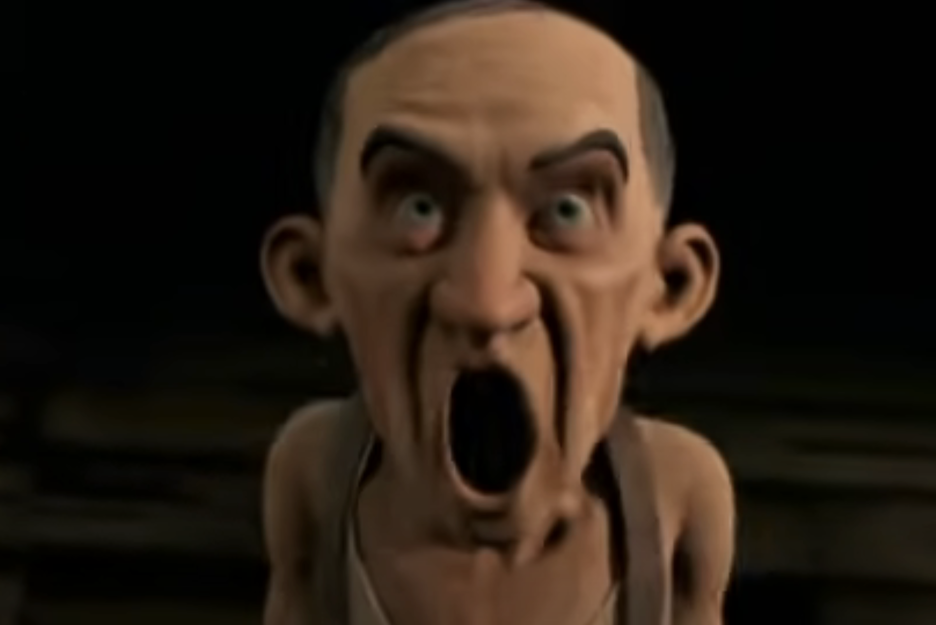 Animated character with an exaggerated surprised expression