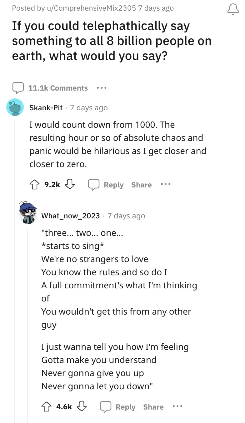 Reddit post with users joking about telepathic messages and Rickrolling with song lyrics