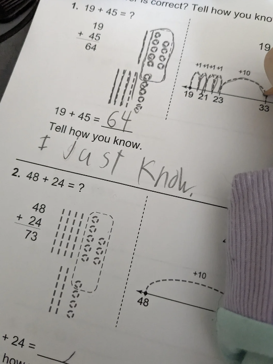 Child&#x27;s math worksheet with handwritten answer: &quot;I just know&quot; in response to &quot;Tell how you know.&quot;