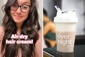 Person smiling with a hair product ad showing "Air-dry hair cream!" and a blender bottle with "oats overnight" label