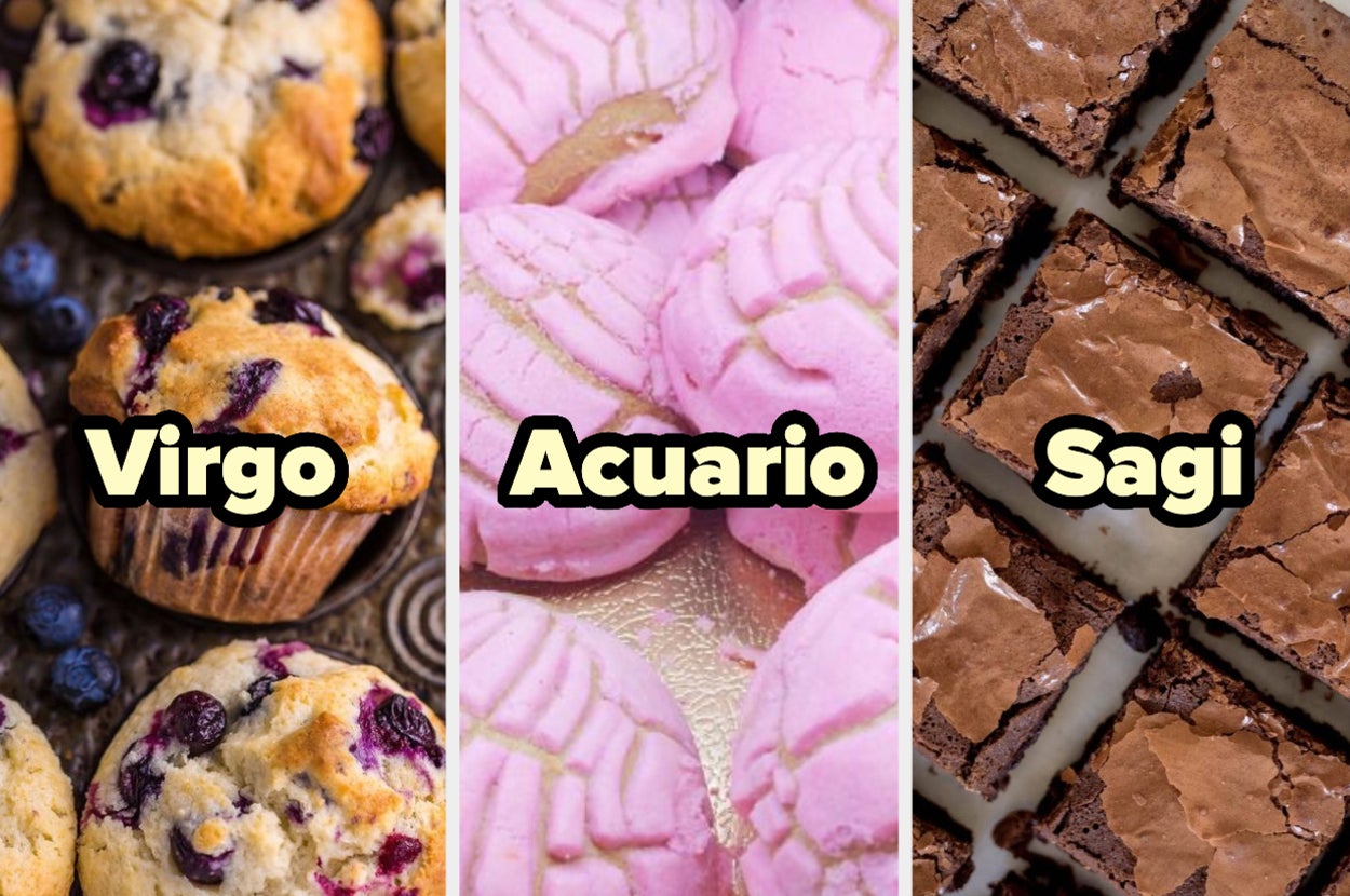 Imagen dividida en tres partes con magdalenas, galletas y brownies, cada una etiquetada con un signo del zodíaco: Virgo, Acuario, Sagitario