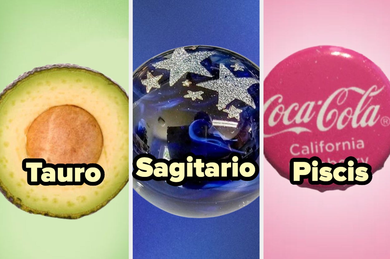 Tres imágenes que representan signos del zodiaco: Tauro con un aguacate, Sagitario con una esfera del mundo y Piscis con un logo de Coca-Cola