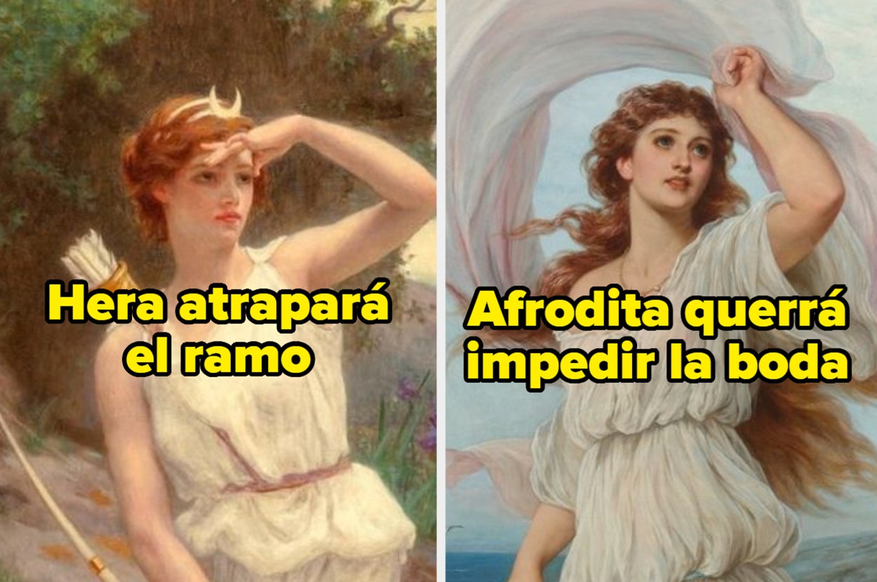 Pinturas de Hera y Afrodita con textos humorísticos sobre luchar por un ramo de boda