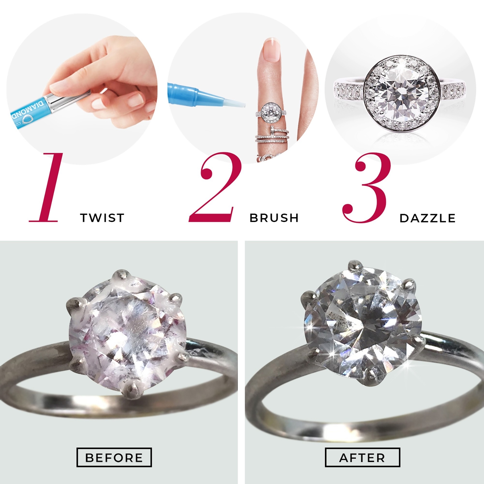 Step-by-step guide showing how to apply the product to enhance the sparkle of a ring, with before and after results