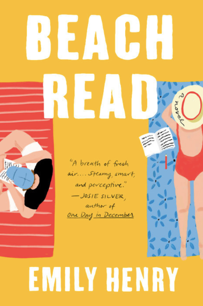 Book cover of &quot;Beach Read&quot; by Emily Henry featuring illustrations of a book, beach chair, and a woman sunbathing