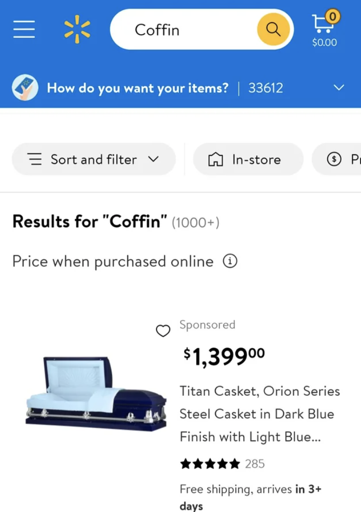 Screenshot of an online store page listing a blue coffin for sale, displayed as an unusual Internet find