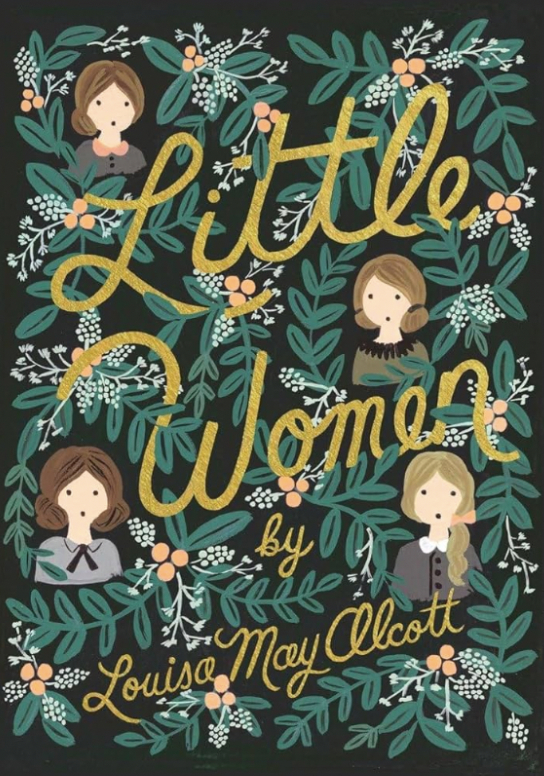 Illustrated cover of &quot;Little Women&quot; by Louisa May Alcott depicting characters among floral designs