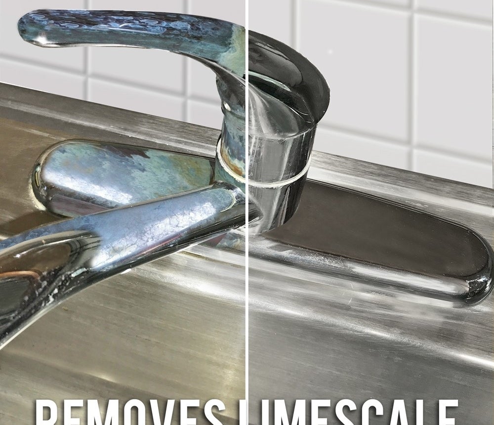 Before and after comparison of a faucet, with limescale removal product effect shown