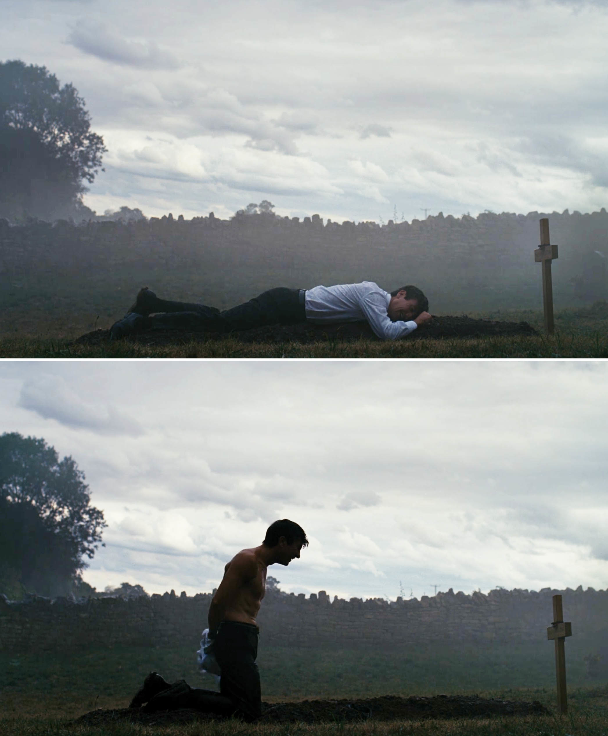 Oliver lying on top of a mound of dirt at Felix&#x27;s grave