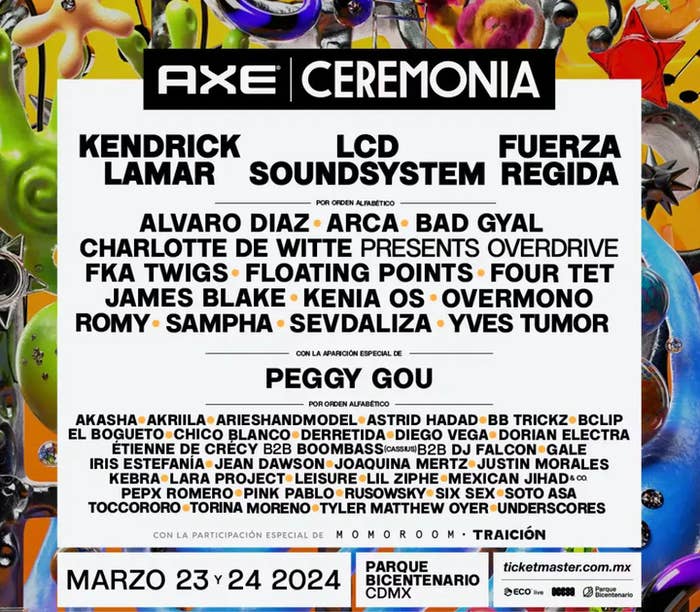 Cartel de concierto con artistas como Kendrick Lamar y LCD Soundsystem, y logos de patrocinadores. Evento en Parque Bicentenario el 24 de marzo