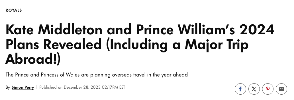Article headline about Kate Middleton and Prince William&#x27;s 2024 plans including a major trip abroad