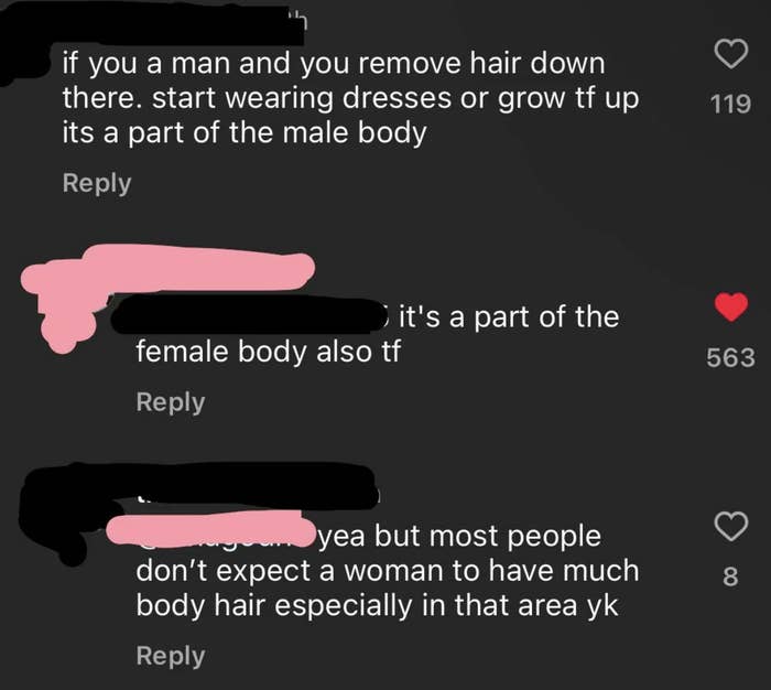 Three comments in a social media thread discussing gender-specific body hair norms, with mixed opinions and reactions