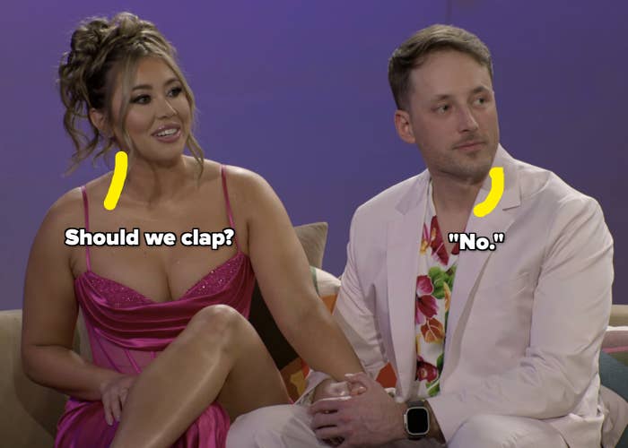 Sarah Ann and Jeramey on a couch with captions: "Should we clap?" and "No"