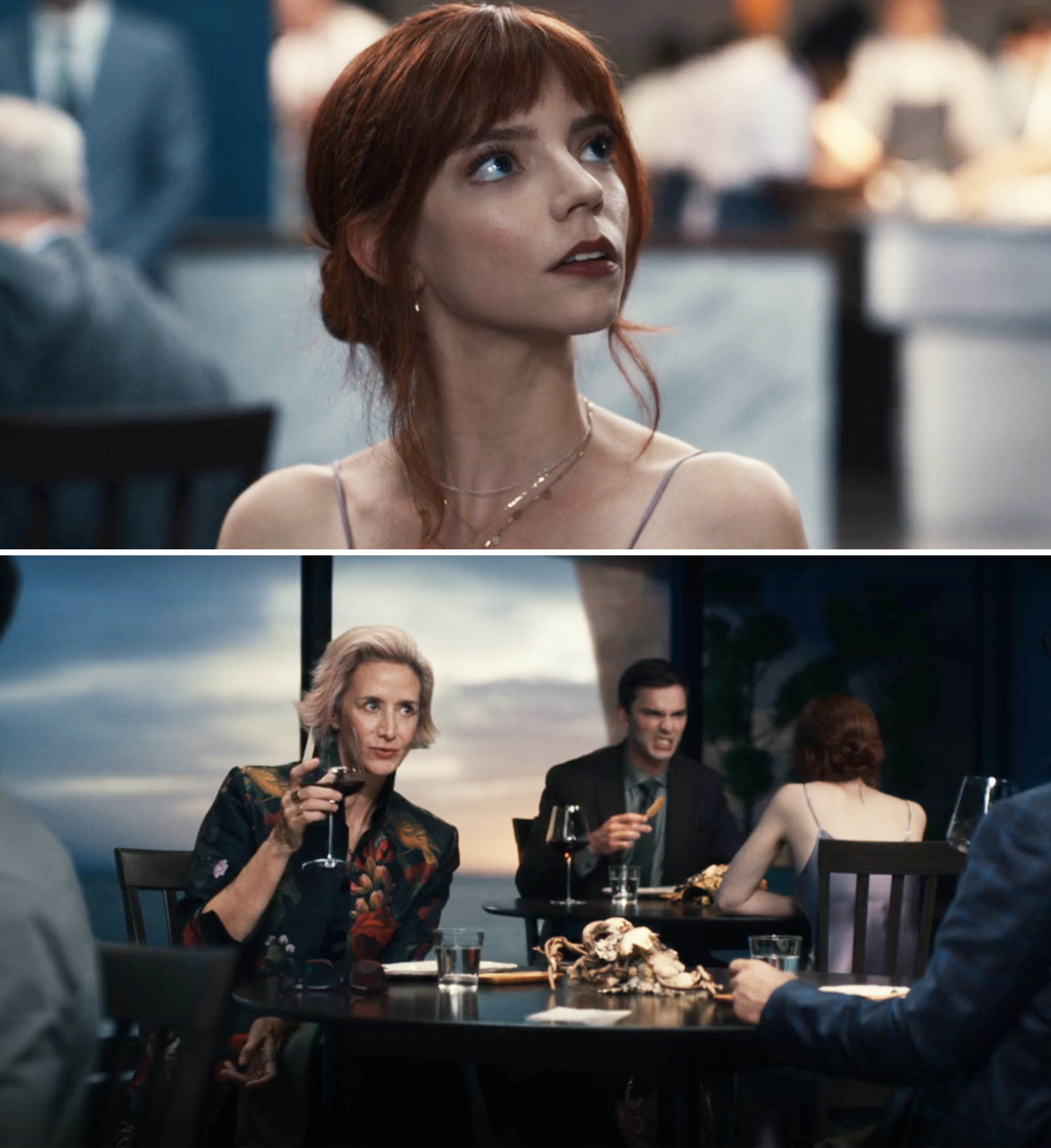 Scene from The Menu, with one showing Nicholas Hoult&#x27;s and Anya Taylor-Joy&#x27;s characters having a conversation in the background of a scene