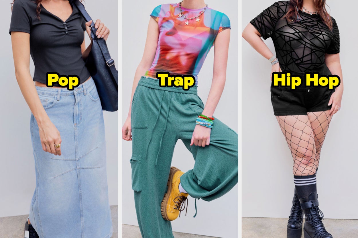 Tres estilos de vestimenta representando los géneros musicales pop, trap y hip hop