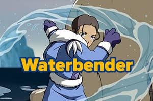 Animated character Katara from Avatar: The Last Airbender bending water with the word 'Waterbender' overlayed