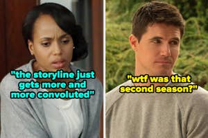 Two TV show characters with speech bubbles expressing confusion about their show's plot developments