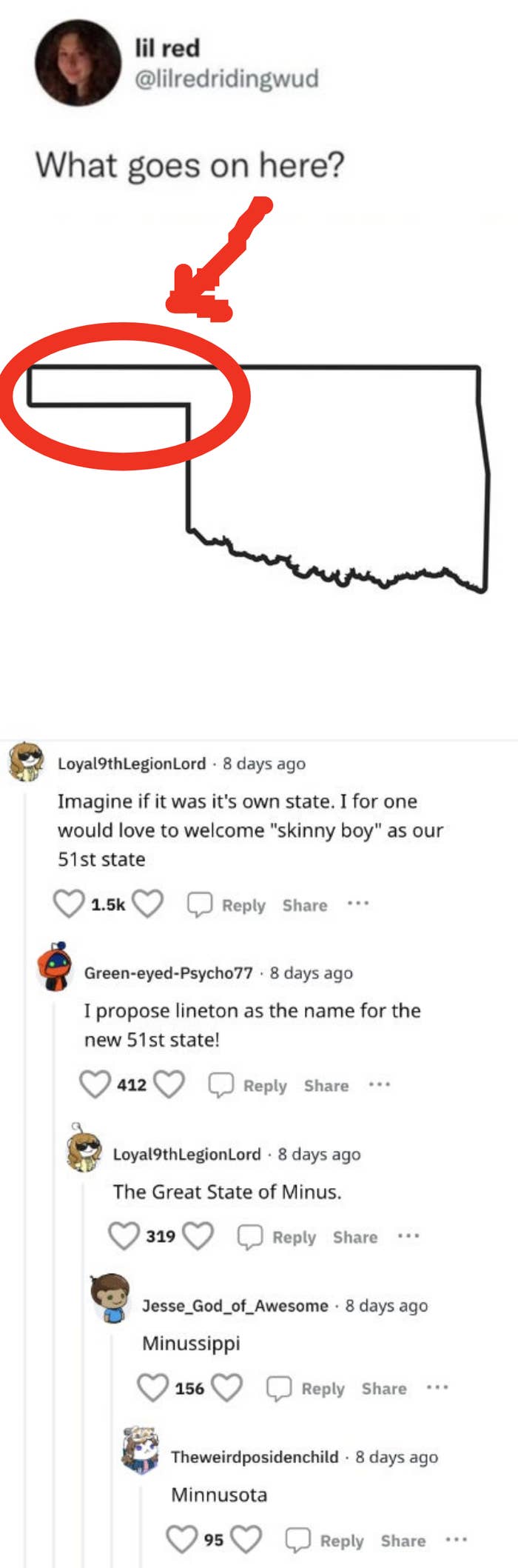 a circle around the skinny part of a state posing the question, what goes on here, and people coming up with funny names to make it its own state