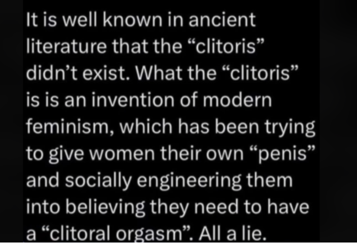 Text stating the clitoris is a modern invention by feminism for social engineering, labeled as a lie
