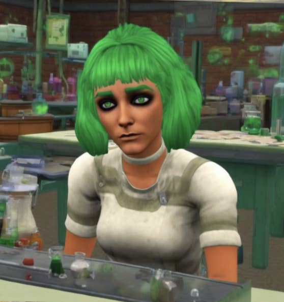 Illustration of a character with green hair in a science lab setting from The Sims videogame