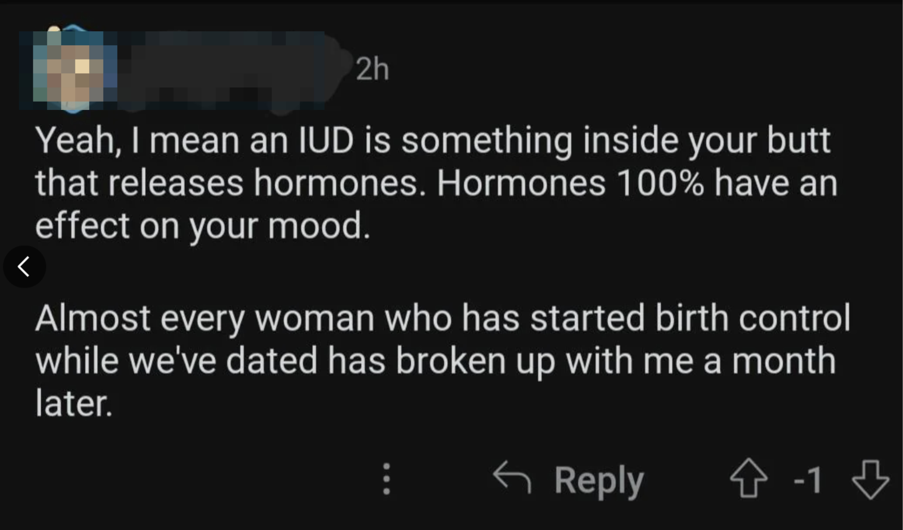 Summary of a screenshot with a comment about personal experiences and misunderstandings regarding IUDs and relationships
